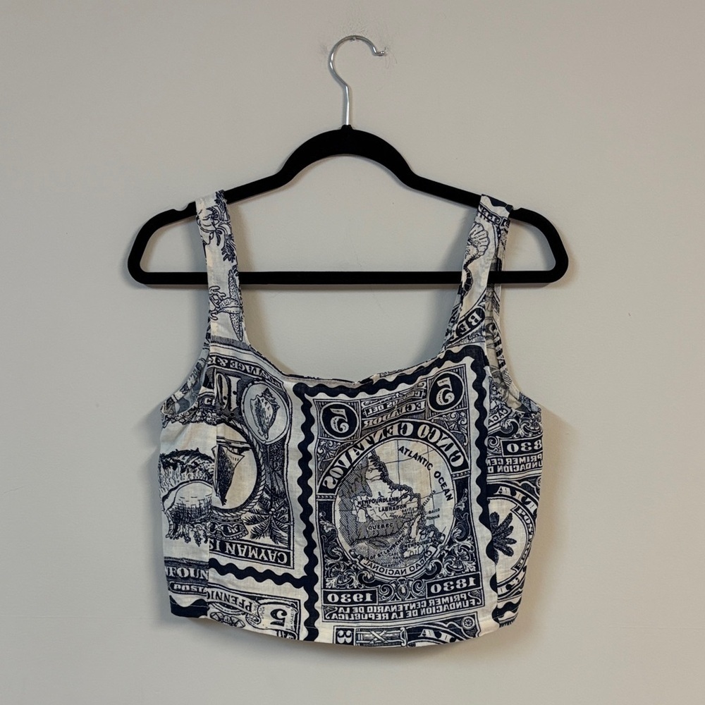 ❤️BNWT Nicole Miller Artelier linen blend postage stamp print Crop Top size S - Picture 4 of 7